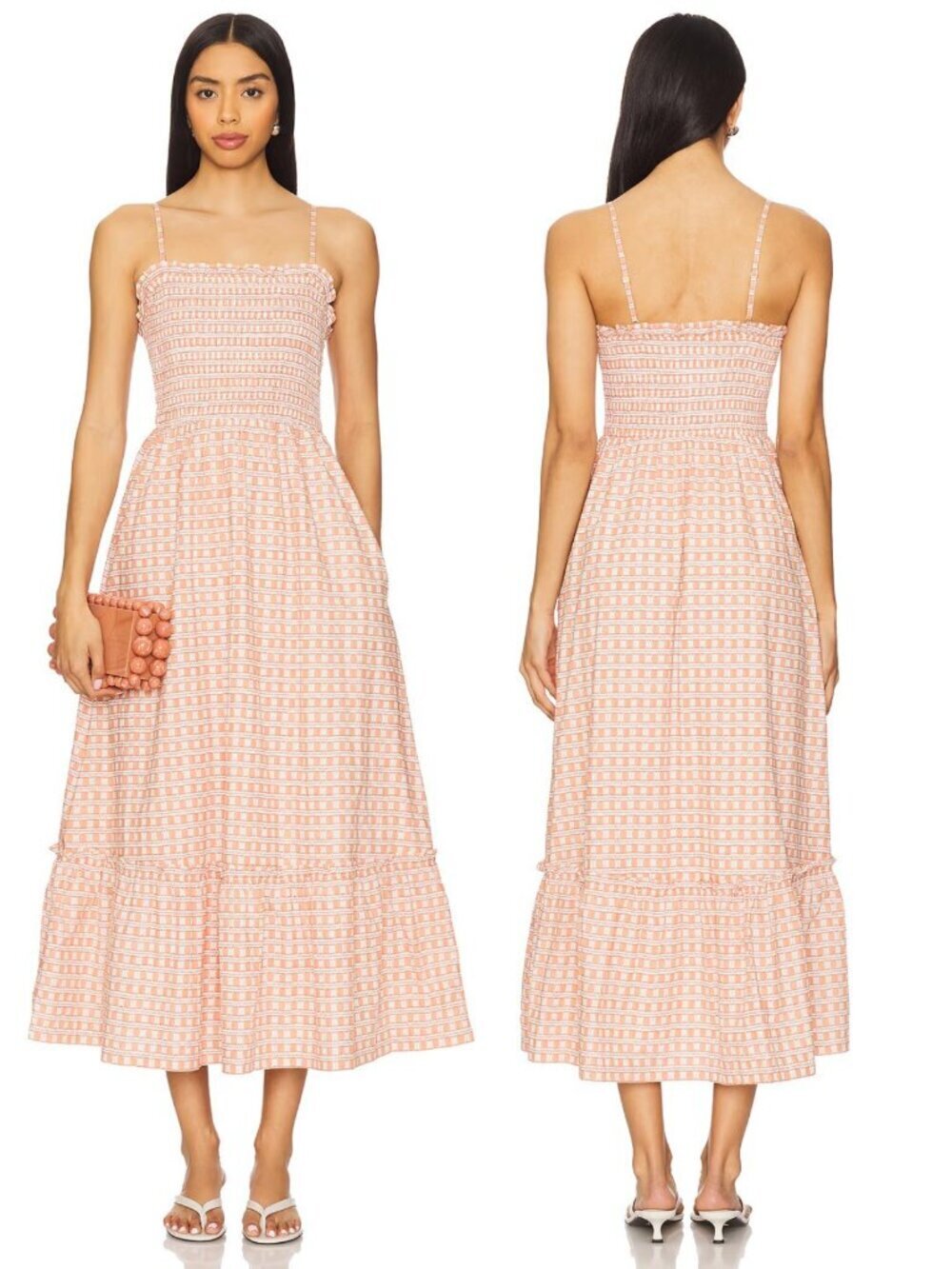 Cleobella Magnolia Smocked Ankle Dress Bellini Plaid Print Boho Pink - XS